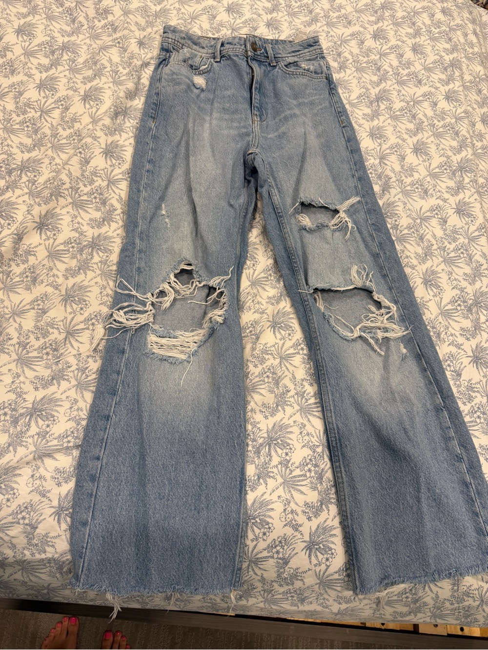 Zara Light Blue Distressed Wide-Leg Jeans